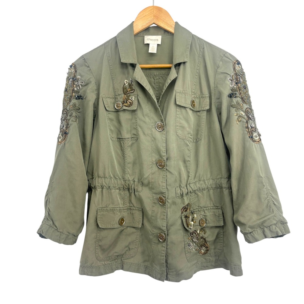 Chicos Olive Green Embellished Utility Jacket Beaded Floral Military Size 0